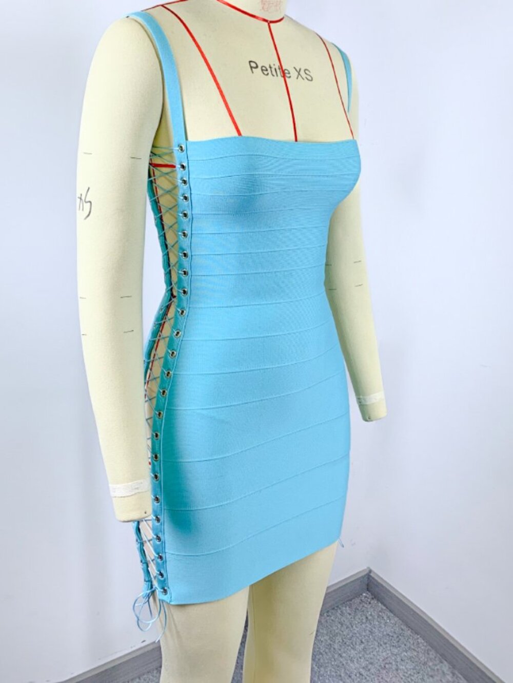 Vibrant Aqua Blue Side Lace-Up Cutout Bandage Mini Dress - Picture 6 of 8